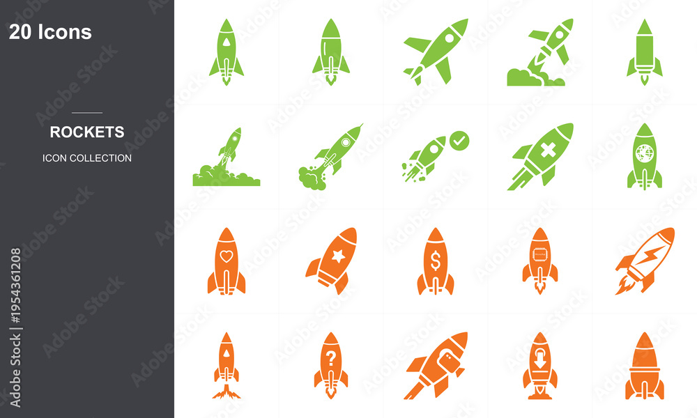 Obraz premium Rocket ship icon collection, 20 green and orange spacecraft vector symbols, flat startup launch and space exploration icons in EPS format