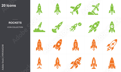Set of 20 flat design rocket icons in green and orange for space exploration and technology