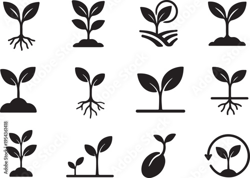 Solid plant growth icons with roots, germination, sprout and leaf eco symbols set