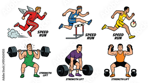 Male Athletes Vector Set: Speed Running, Hurdles, Weightlifting, and Strength Training. Fitness and Sports Illustrations