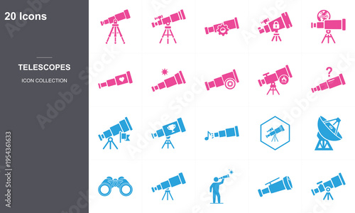 Set of 20 flat design astronomy icons with telescopes, planets, and space exploration elements