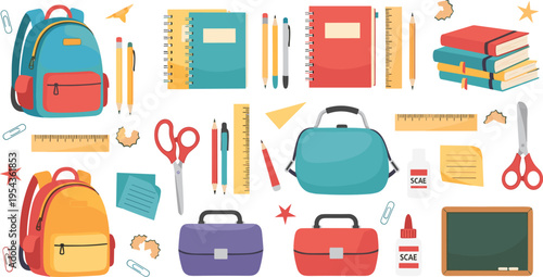 Back to School Supplies Collection with Backpacks Notebooks Pens Rulers Scissors and Classroom Essentials Vector Illustration Set