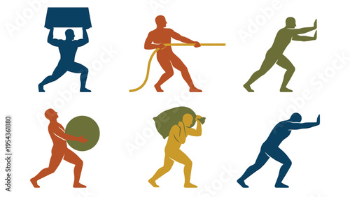 Set of Six Silhouettes of People Pushing Pulling and Lifting Heavy Objects Strength Effort and Collaboration Concepts