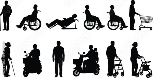 Disabled and elderly people mobility aids silhouette set, wheelchair, walker, cane, scooter users, rehabilitation healthcare support concept