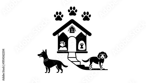Dog house icon with two dogs and paw prints vector illustration