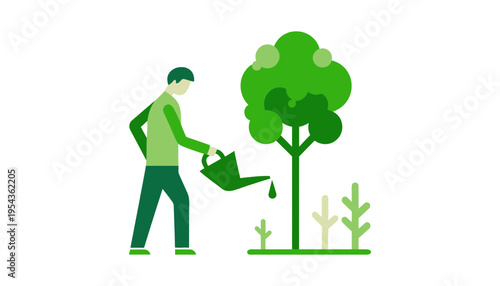 Tree vector illustration of a man watering a tree with a can