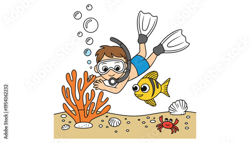 A cartoon boy snorkeling with a fish and coral reef underwater