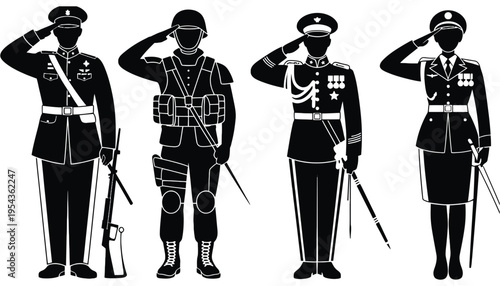 Soldier vector silhouettes in various military uniforms saluting