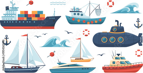 Marine and Nautical Vessels Collection with Cargo Ship Sailboats Submarine Tugboat and Anchors Vector Illustration Set