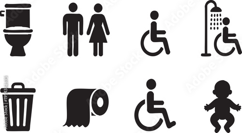 Bathroom and public restroom icon set on transparent background, black silhouette
