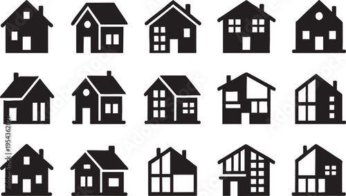 Black House Silhouette Icon Set for Real Estate on Transparent Background