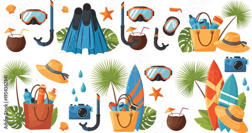 Beach and Snorkeling Adventure Collection with Surfboards Goggles Fins Bags Hats Coconut Drinks and Travel Essentials Vector Illustration Set