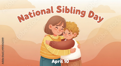 National sibling day illustration of a girl hugging a boy on a warm sunset background with mountains