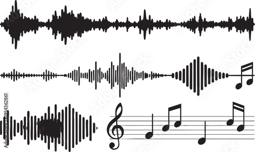 Black Music Sound Wave and Musical Notes Silhouette on Transparent Background