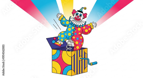 A colorful clown emerges from a vibrant jack in the box with rays of light symbolizing surprise and entertainment