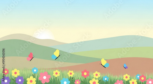 Colorful kites fly over a vibrant field of flowers at sunset in a serene landscape with rolling hills
