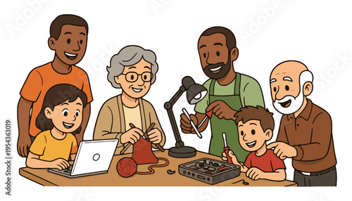Family illustration of diverse people gathered around a table with laptop