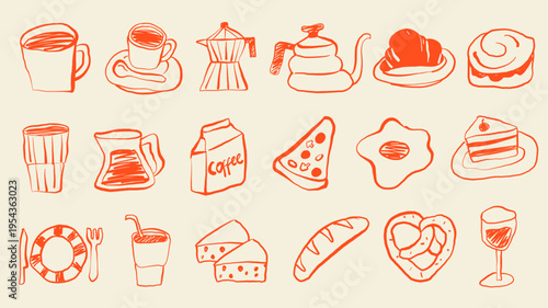 Hand-drawn doodle set of food and beverage items in orange line art. Minimal sketch style on beige background, perfect for café branding, menu design, packaging, posters, and prints.