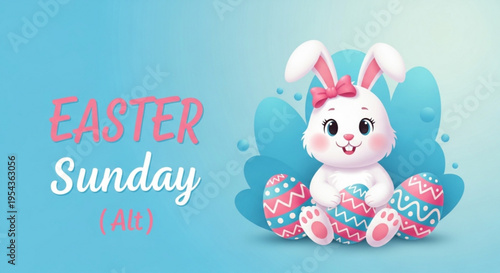 Easter sunday bunny with colorful eggs and bow on head