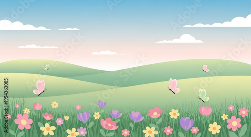 Colorful spring landscape with rolling green hills vibrant wildflowers and butterflies under a serene blue sky with fluffy clouds