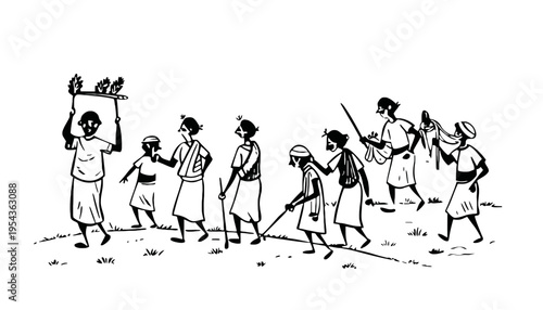 Tribal people walking in a line with traditional tools and accessories