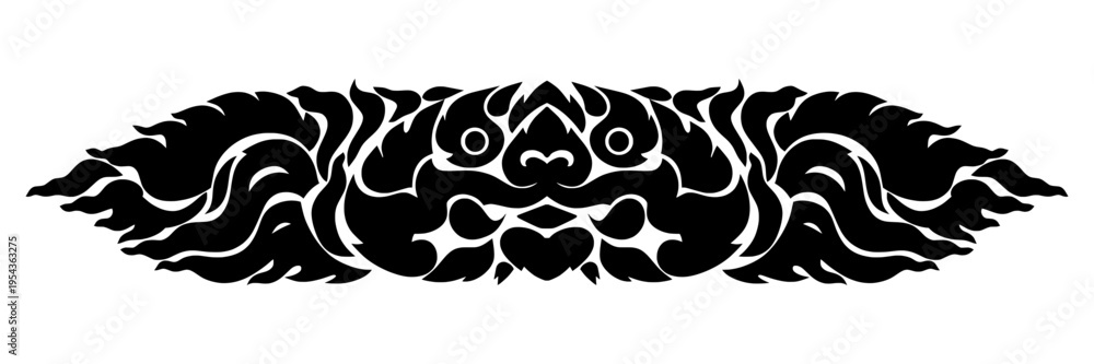 Fototapeta premium Ornate Thai Rahu silhouette featuring a symmetrical design with traditional Kranok flame patterns. This high-contrast black vector illustration depicts the mythical deity in a minimalist style, ideal 