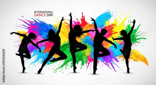Silhouettes of four dancers in various poses on colorful paint splatter background celebrating international dance day