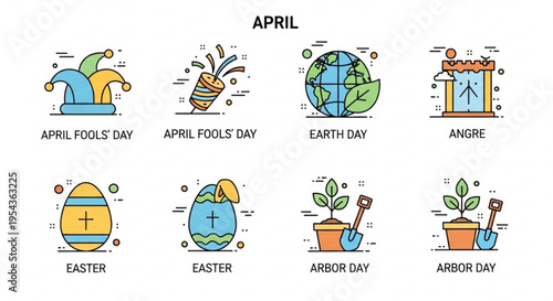 April holidays and celebrations icons set colorful illustrations for april fools' day earth day easter and arbor day