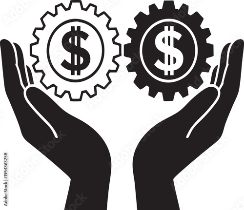 Black silhouette of hands supporting dollar sign gears on transparent background