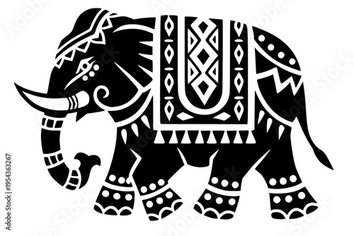 Ornate elephant silhouette with intricate tribal and geometric patterns. This minimalist black vector illustration features a decorated saddle and cultural motifs, ideal for spiritual or Asian art.