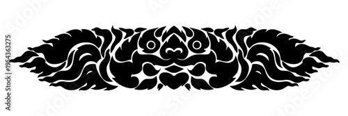 Ornate Thai Rahu silhouette featuring a symmetrical design with traditional Kranok flame patterns. This high-contrast black vector illustration depicts the mythical deity in a minimalist style, ideal 