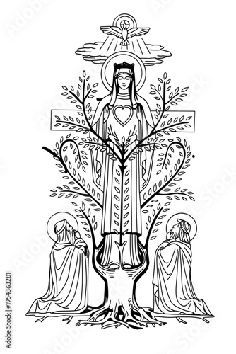 black ink design features the Virgin Mary within the symbolic flowering tree, with biblical figures kneeling in prayer and the Holy Spirit dove descending from above.