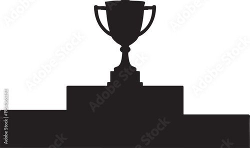 Black trophy cup on winners podium silhouette isolated on transparent background