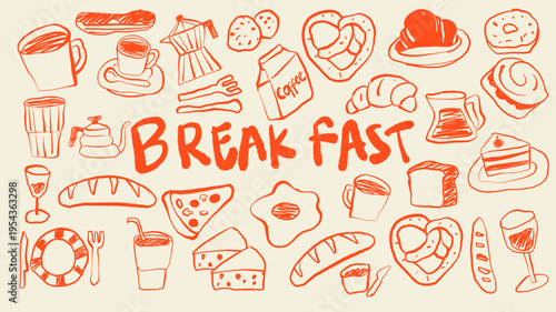 Hand-drawn breakfast doodle illustration with “BREAKFAST” lettering in bold orange style. perfect for café menus, branding, packaging, posters, and food-themed designs.