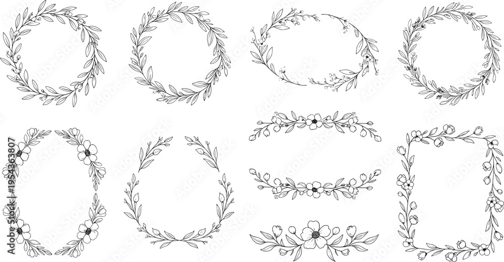 Fototapeta premium Hand Drawn Floral Wreath Frames Collection with Leaves and Flowers in Black and White Outline Style Vector Illustration Set