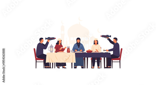 illustration of people sitting at a table with cameras