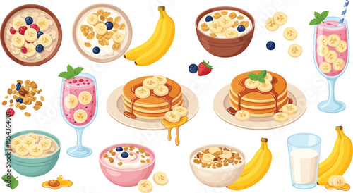 Banana Breakfast Collection with Pancakes Smoothies Cereal Bowls Milk and Fruit Garnishes Vector Illustration Set