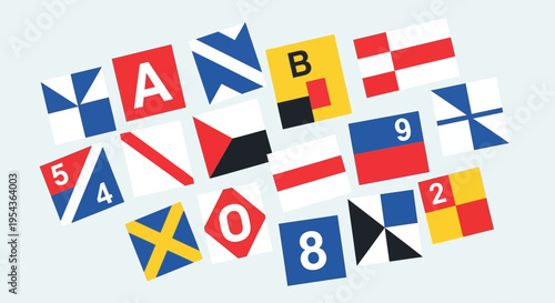 Colorful nautical flags with letters numbers.