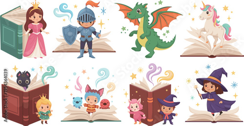 Fairytale Storybook Characters Collection with Princess Knight Dragon Unicorn Wizard Witch and Magical Creatures Vector Illustration Set