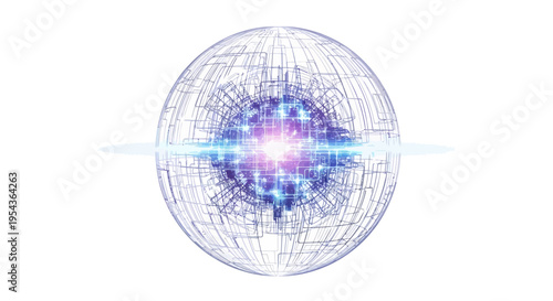 Glowing blue and purple orb with circuit board design on white background