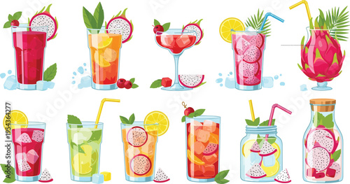 Fresh Fruit Juice and Cocktail Drinks Collection with Lemon Dragon Fruit Watermelon Citrus Beverages Summer Refreshment Vector Illustration Set