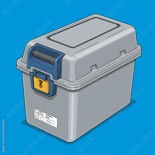 Gray Plastic Toolbox with Latch and Label.