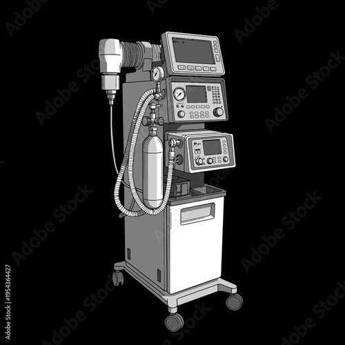 Medical Ventilator Equipment on Wheeled Cart.