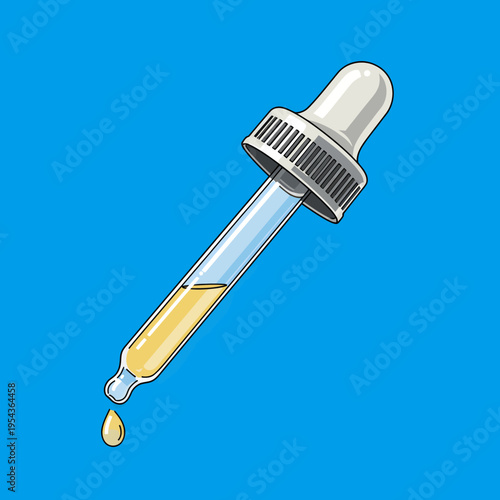 Pipette with Yellow Liquid Dropping Downwards.