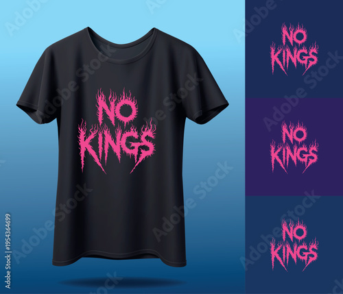 A black t-shirt with pink 'No Kings' text is displayed on a blue background with three color variations.