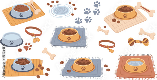 Pet Feeding Accessories Collection with Dog Bowls Food Mats Collars Bones Paw Prints and Animal Care Vector Illustration Set