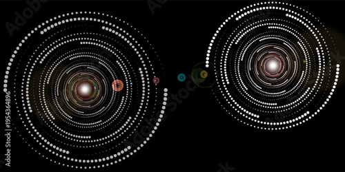 Dotted gradient circle. Halftone effect circular dotted frame. Progress round loader. Half tone circle. Abstract digital  lens  flare special lighting effects on black background.