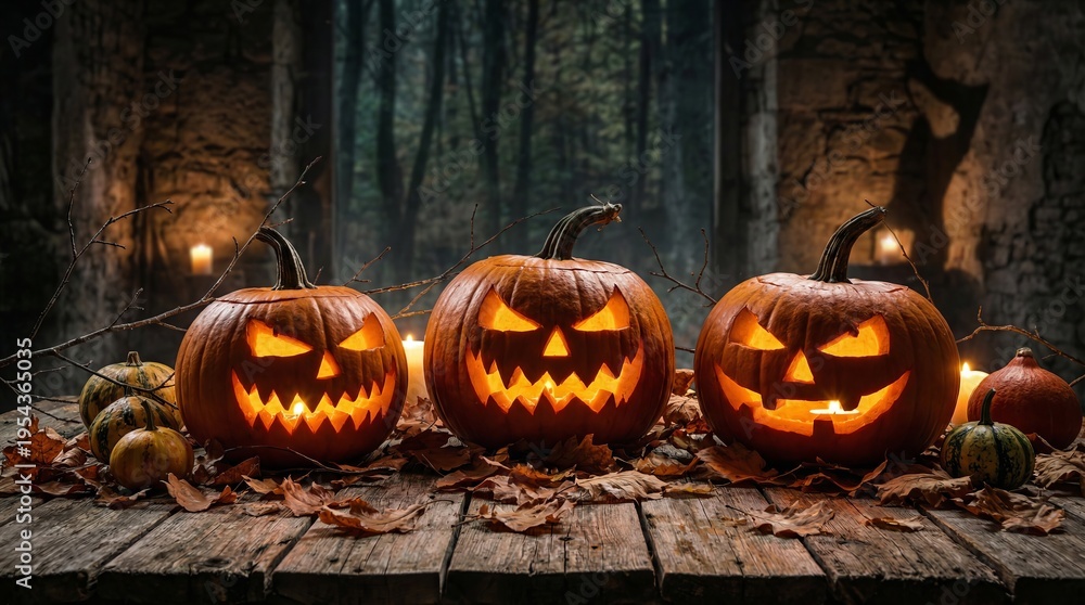 Fototapeta premium Scary Halloween pumpkins with carved faces on rustic wooden table, surrounded by fallen leaves