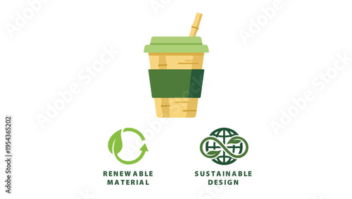 Eco friendly disposable coffee cup with renewable material and sustainable design icons.