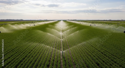 Aerial view of a vast agricultural field being irrigated by multiple sprinkler systems under a cloudy sky.